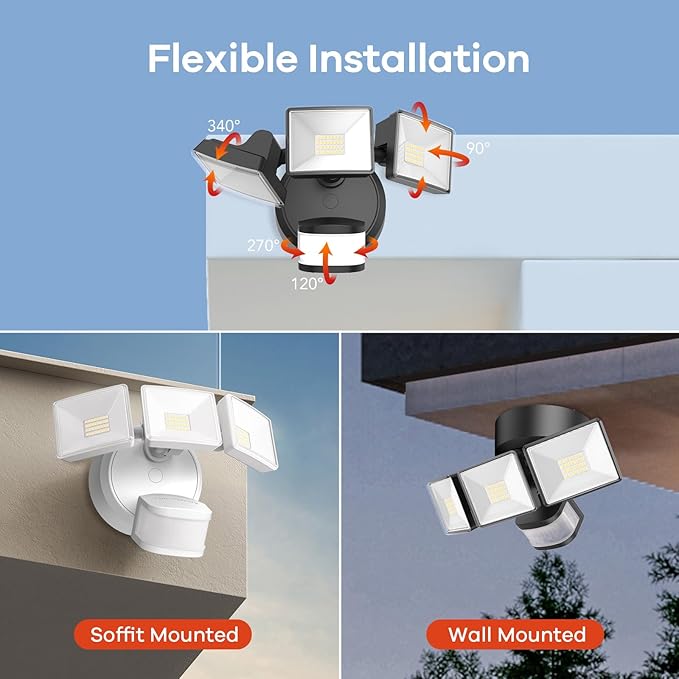OREiN Motion Sensor Outdoor Flood Light 42W 6500LM Super Bright LED Security Light Dusk to Dawn/Auto/Manual Modes IP65 Waterproof Hardwired Floodlight for Yard Garage Porch Driveway