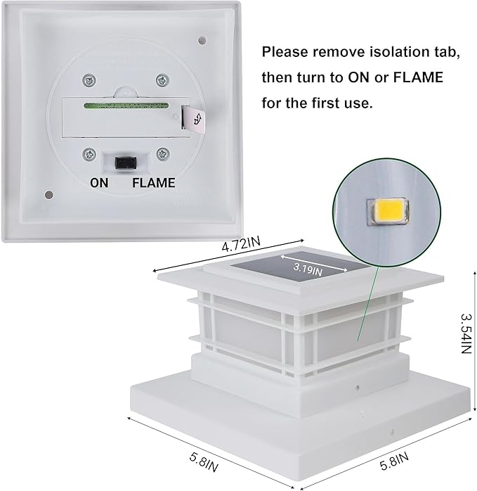 Dynaming 4 Pack Solar Post Cap Lights Outdoor with Flickering Flame Light White Shell Fence Post Solar Lights Fit 4x4 5x5 Vinyl/Wooden Posts Brightness LED Lighting Decor for Garden Deck Patio