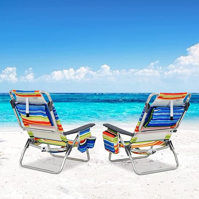 Goplus Beach Chair Folding Backpack Beach Chairs for Adults with 5 Positions Head Pillow Cooler Bag Towel Bar Cup Holders Sunbath Sling Tanning Lounge Foldable Layout Camping Chairs