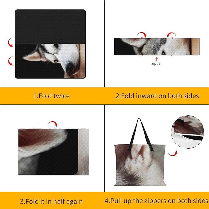 Husky Dog Beach Blanket Outdoor Packable Picnic Blanket with Zipper Folds Into Tote Bag Waterproof Picnic Mat Portable Beach Mat for Camping Hiking Festivals