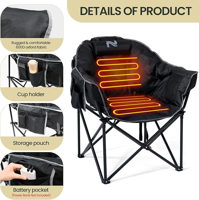 LILYPELLE Oversized Heated Camping Chair Patio Lounge Chairs with 3 Heat Levels Portable Folding Heated Chair Round Moon Saucer Folding Lawn Chair Outdoor Chair for Camping Lounge Patio