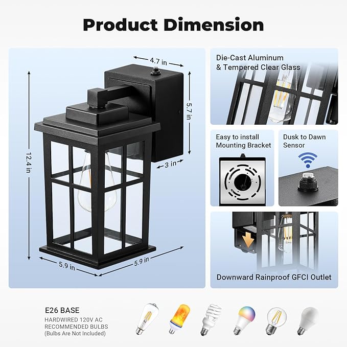 Porch Light with GFCI Outlet Black Dusk to Dawn Outdoor Lighting Waterproof Exterior Lighting Fixtures Outdoor Light with Outlet for House Garage Backyard Easy Installation Waterproof