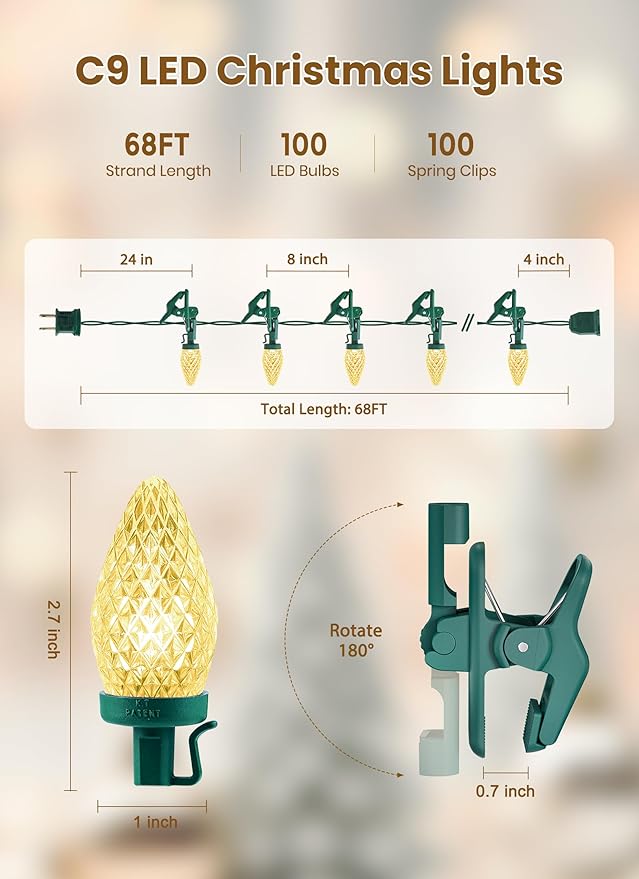 C9 LED Christmas Lights Outdoor 68 Feet 100 LED Strawberry String Lights With 100 Spring Clamps Waterproof Commercial Grade Extendable for Outside Roofline Patio Home Xmas Decoration Warm White