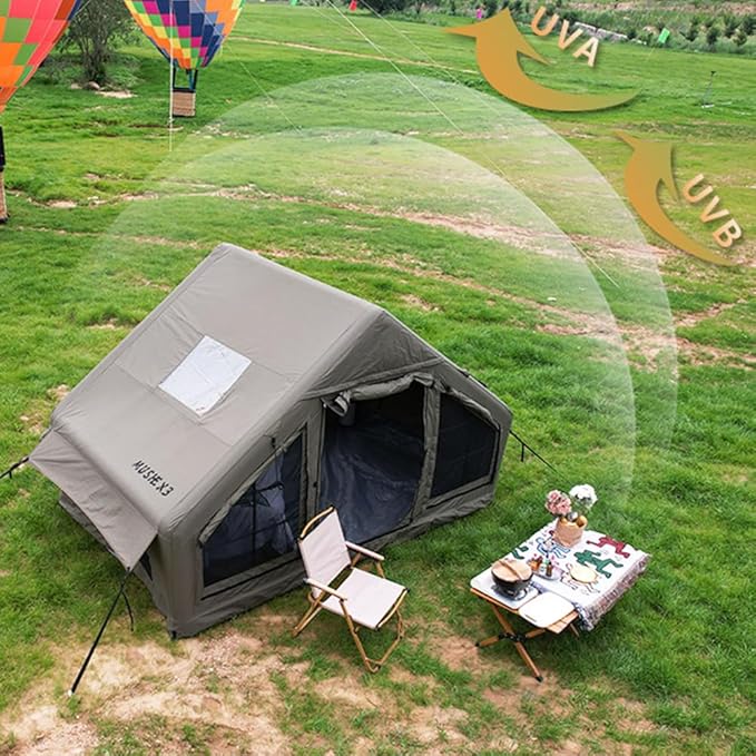 Large Luxury Inflatable Camping Tent Cotton Canvas Tent Breathable and Waterproof Air Tent with Skylight and Stove Jack Hole for for 4-6-8-10 Person Family Camping