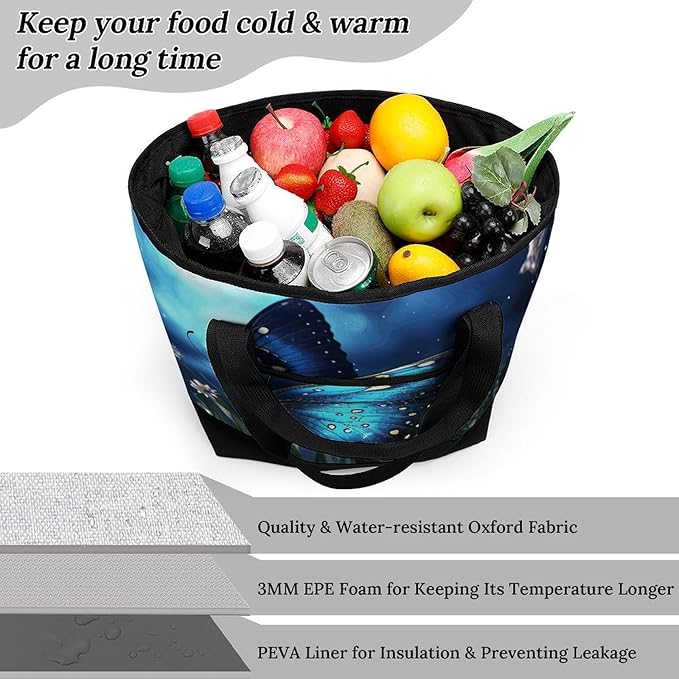 Insulated Shopping BagLarge Reusable Cooler Bags Butterfly Night Printed Foldable Shopping BagTravel Waterproof Shoulder Bag