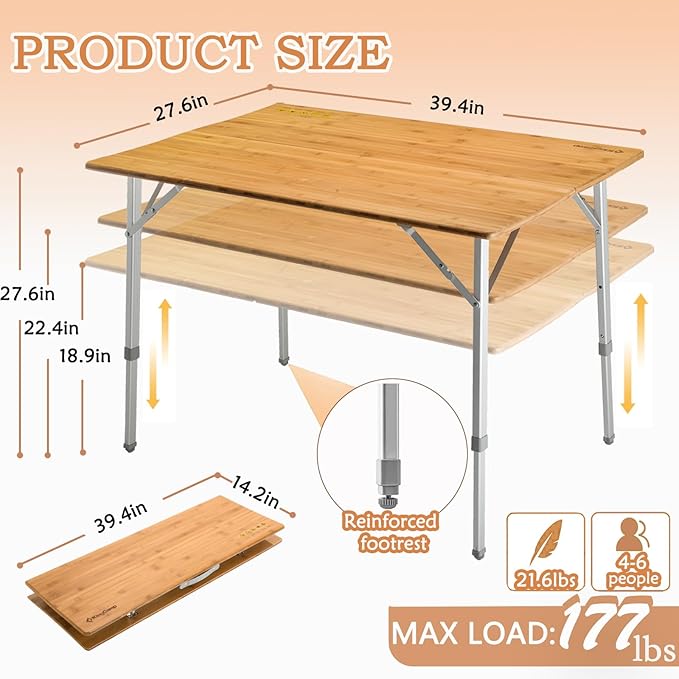 KingCamp Bamboo Folding Camping Table with Adjustable Height Aluminum Legs 2-Folds Portable Camp Tables for Travel Picnic 4-6 People