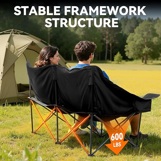 Double Camping Chair Oversized Padded Camping Chairs for Adults Folding Loveseat with Cup Holders and Side Pockets Heavy Duty Outdoor Lawn Chairs for CampingSports FishingBeachBlack