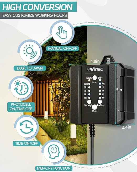 HIBOITEC 100W Low Voltage Landscape Transformer with 1-12H Timer and Photocell Sensor 120V AC to 12V DC Weatherproof Landscape Lighting Transformers for Outdoor LED Lights Spotlight Garden Light