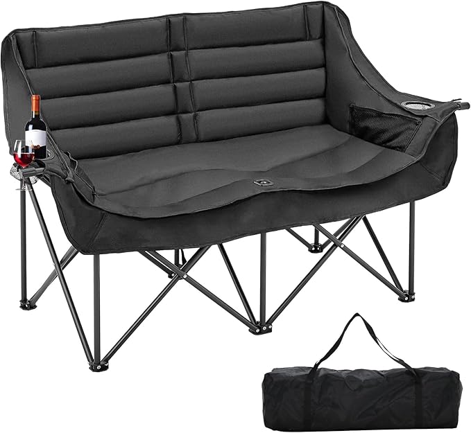 Slsy Oversized Double Camping Chair Folding 2 Person Camping Chair Loveseat Fully Padded Duo Chair Camping Couch Fold Up Double Camp Chair Lawn Chairs Camping Bench with Carrying Bag