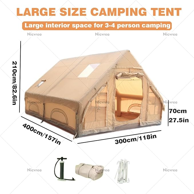 Inflatable Camping Tent with Fireplace Opening and Skylight Outdoor Tent for 2 to 8 People with Air Pump Inflatable Tent in Waterproof Oxford Fabric for 4 Seasons Quick Assembly