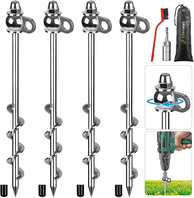 4 Pack Tent Stakes 12 Inch Heavy Duty Ground Anchors Full Welding Easy to Screw in and Reusable for Camping Tents Trampolines Sheds Swing Sets Securing Animals