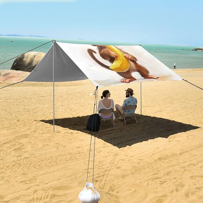 ALAZA Cute Monkey Banana Beach Tent Sun Shelter UPF50+ Protection Beach Shade Canopy w/ 4 Sandbags for Outdoor Camping Fishing Backyard Fun Picnic 10x9 ft