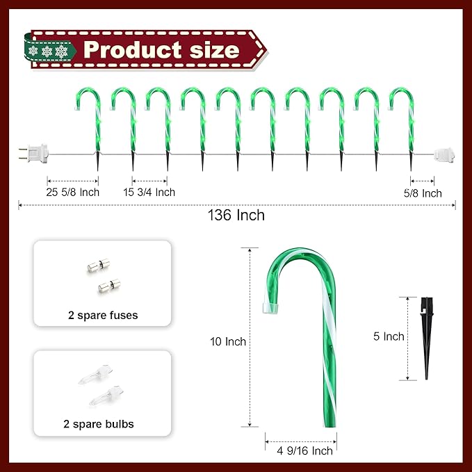 10 10 Pack Christmas Candy Cane Lights Candy Cane Lights with 10 Stakes for Walkway Patio Yard Patio Garden Festival Holiday Outdoor Indoor Landscape Path Christmas Decorations Outside Green