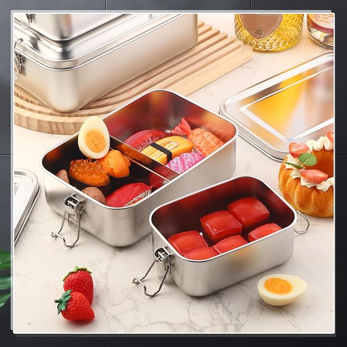 Umigy 3 Pcs Stainless Steel Food Containers 1200/1400/2400ml Metal Bento Lunch Box Stainless Steel Food Storage Containers Lockable Clips to Leak Proof Reusable Dishwasher Snack Boxes for Work
