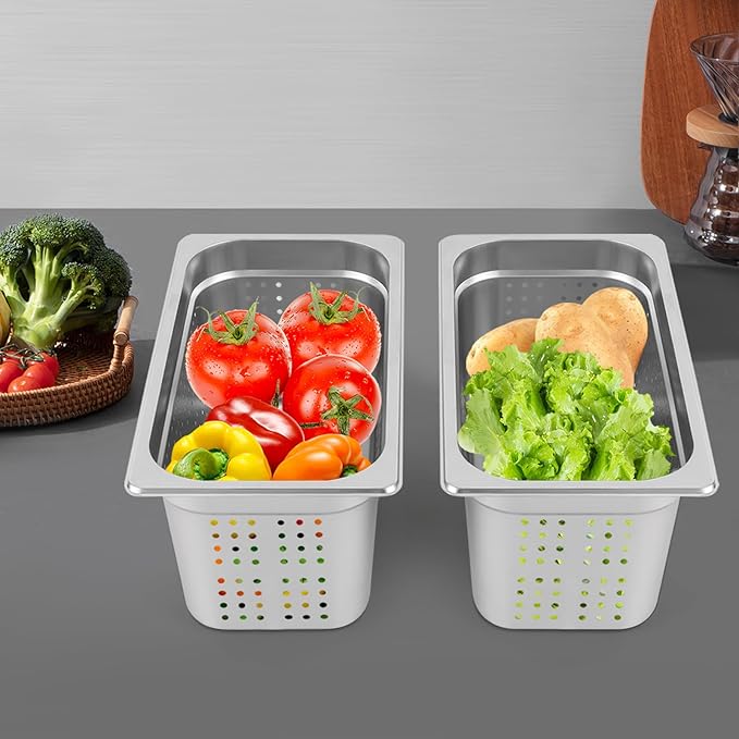 2 Pcs Filtering Pans 6.34Qt Anti-Jam Perforated Pan Stainless Steel Steam Pan Filter BasketCommercial Hotel Pan Catering Food PansDishwasher/Oven/Freezer Safe