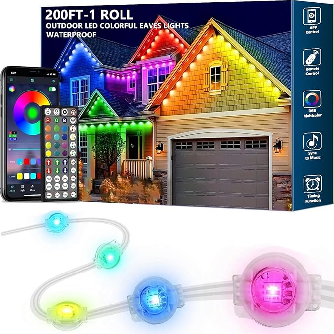 200Ft Permanent Outdoor Lights for House Waterproof IP67 LED Eave Lights with App/Remote Control Outdoor Permanent led Lighting for House Roof DecorChristmasPartyAll Holiday and Daily