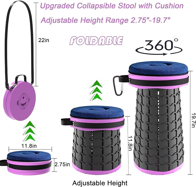 ALEVMOOM Upgraded XXL Collapsible Stool with Cushion 19.71000lbs Max WeightWider &amp Taller Pop Up Seat Heavy Duty Portable Retractable Folding Chair or Travel Foot Rest for Camping &amp Outdoo