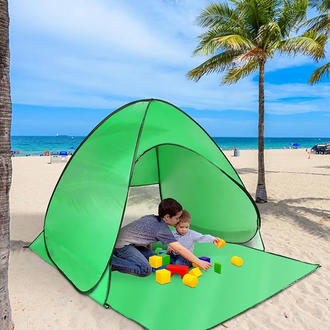 Pop Up Beach Tent Sun Shade Shelter Anti-UV Automatic Beach Tent Canopy for 2-3 People with Net Window Carry Bag for Park Camping (Green)