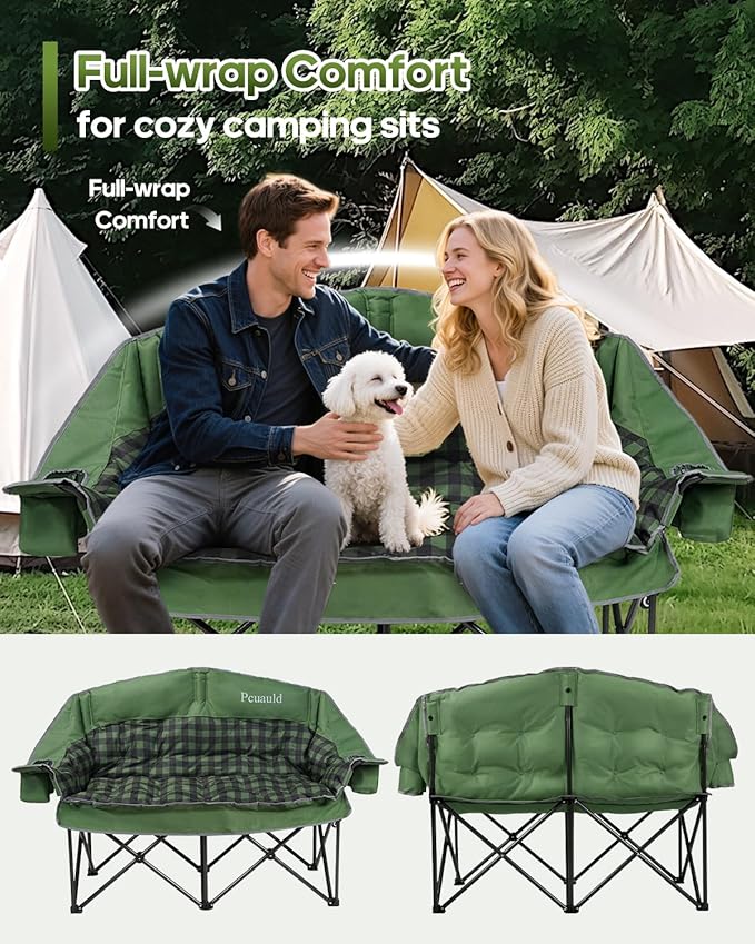 Double Camping Chair Padded Loveseat for Adults Oversized 2 Person Camp Couch with 2 in 1 Carry Bag Heavy Duty Folding Outdoor Sofa with Cup Holders for Lawn Beach Tailgating Green