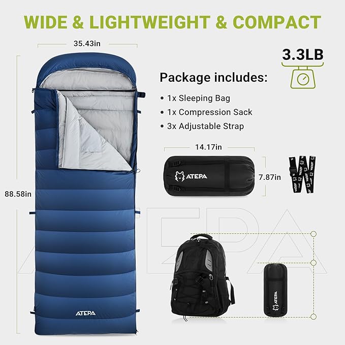 ATEPA 3-in-1 Hybrid Down Sleeping Bag for Adults Lightweight 3 Season Wearable Backpacking Sleeping Bag with Pad Attachment &amp Compact Compression Sack for Spring Summer Fall Car Camping 30°F 45°F