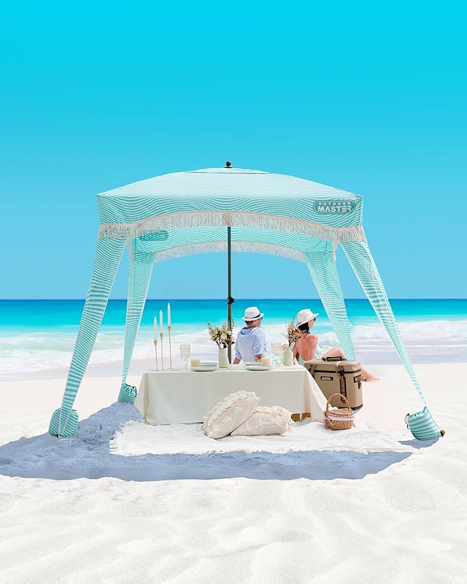 OutdoorMaster Beach Cabana with Fringes Portable 6' x 6' Beach Canopy for Sand Easy Set Up Beach Shelter Included Side Wall UPF 50+ UV Protection Sun Umbrella - for Family &amp Friends
