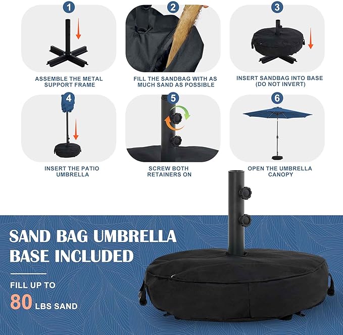 Sundale Outdoor Olefin 5-Year-Non-Fading Solar 80 LED 9 FT Solar Patio Umbrella with Sand Bag Base Outdoor Umbrella with Tilt and Crank Navy
