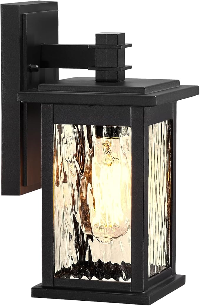 Outdoor Wall Lights Waterproof Black Exterior Llighting Fixtures with Water Ripple Glass 12 Inch Height Porch Lights Outdoor Anti-Rust Aluminum Material and E26 Socket