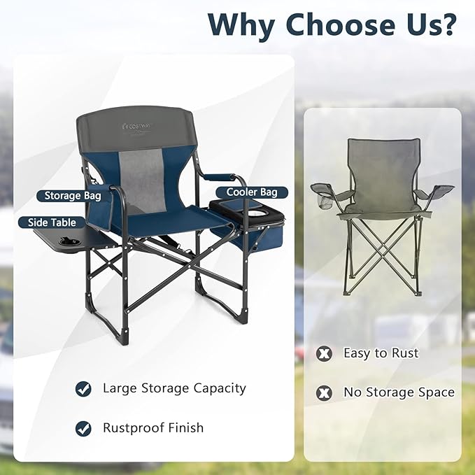 COSTWAY Folding Camping Chair Heavy-Duty Director Chair Supports 400lbs for Adults with Side Table Cooler Bag Storage Strap Portable Makeup Chair Suitable for Fishing Picnic