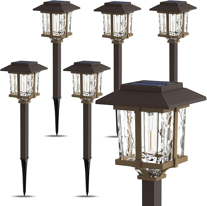 XMCOSY+ Solar Outdoor Lights Waterproof IP65 Solar-Powered Garden/Yard/Pathway Lights with Warm White 2-Tone Bronze-Wood Stainless Steel Design for Landscape Driveway Walkway Decorative