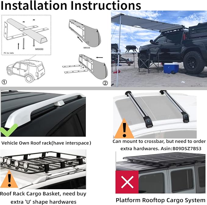 DANCHEL OUTDOOR Car Awning 6.5x8.2ft Roof Rack Pull-Out Sun Shelter Canopy Waterproof 4x4 Vehicle Side Overland Awning Camping Gray