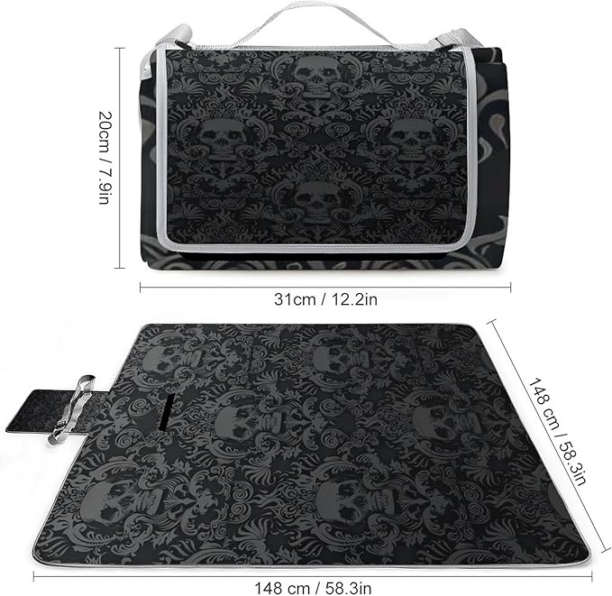 Black Goth Gothic Skull Damask Pattern Waterproof Outdoor Picnic Blanket Sandproof Beach Mat for Camping Hiking Grass Travelling 58.3x58.3in