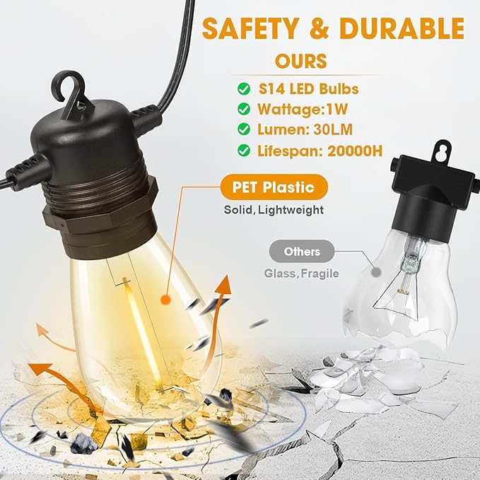 50FT LED Outdoor String Lights with 26 Shatterproof S14 Edison Bulbs (2 Spare) Dimmable Hanging Outdoor Lights for Backyard Porch 2700K Warm White