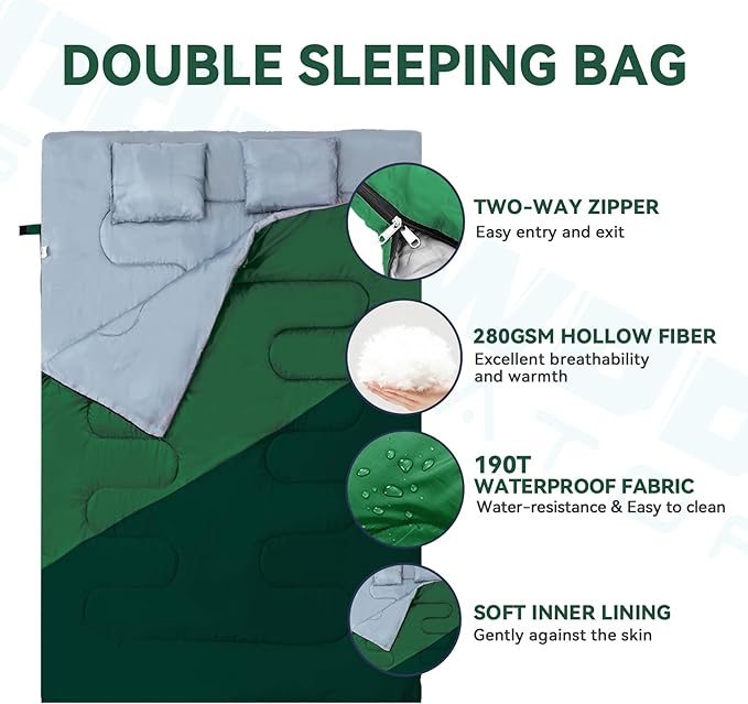 Double Sleeping Bag for Adults Kids - Lightweight 2 Person Sleeping Bag with Pillow Queen Size Waterproof Camping Sack Two Person for Girls Boys Youths Teens Compact for Cold Weather &amp Warm