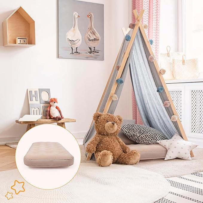 Geetery Kids Air Mattress Toddler Inflatable Airbed 55x27.6x8.7 Inch Foldable Comfort Flocked Blow up Bed with Patch Kit Portable Sleepover Mattresses for Home Travel Camping Party(Beige 2 Pcs)