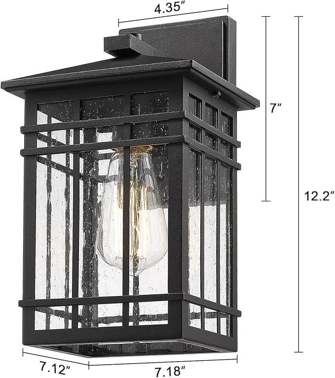 Outdoor Wall Lantern Exterior Light Fixture Wall Mount 1-Light Waterproof Outdoor Lighting Fixture with Seeded Glass for Porch Garage Patio Hallway Entryway Black