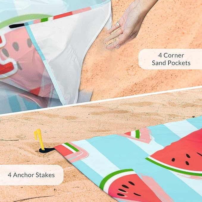 Personalized Beach Blanket Waterproof Sandproof 118x110 Inches Custom Oversized Watermelon Beach Mat for 6-8 Adults Lightweight Picnic Blanket with 4 Corner Pockets for Outdoor Travel Camping