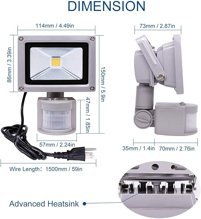 Z Motion Sensor Flood Lights Outdoor10W Induction LED Lamp IP65 Waterproof Spotlight3200K LED Sensor LightSecurity Light with US 3-Plug (Warm White-Grey)