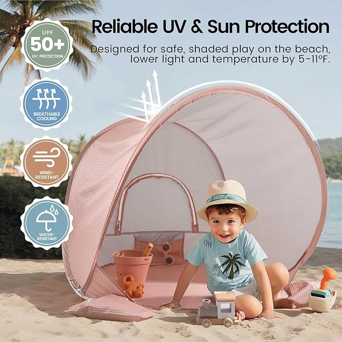 Tiny Land Baby Beach Tent – Pop Up Baby Tent with UV Protection Portable Baby Beach Essentials 35x28x32 Sun Shelter for Infants Baby Outdoor Use (Pink)