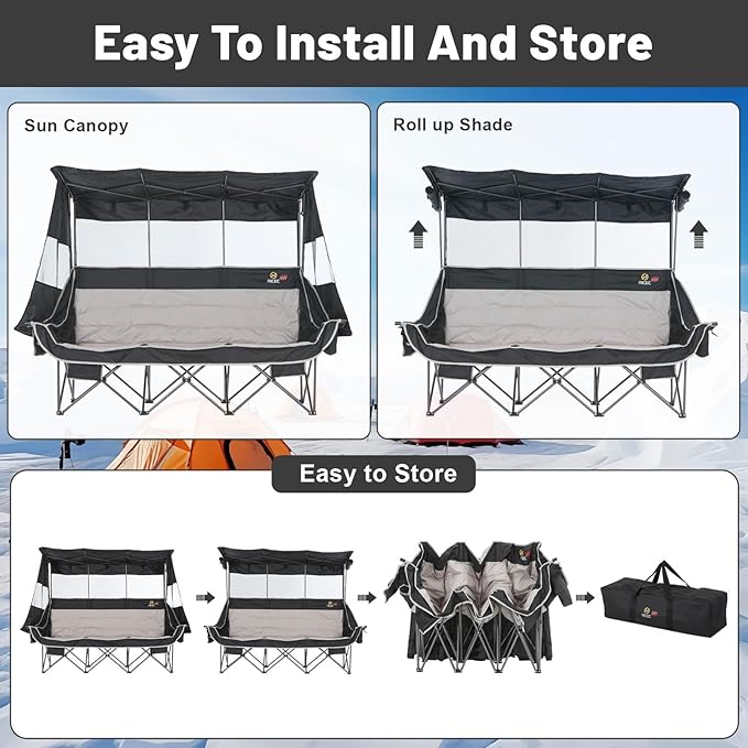 Nice C Heated 3 Person Camping Chair with Canopy Heated Double Camping Chairs with Battery Portable Oversized Padded Sports Umbrella Chair with Shade Cup Holder Cooler Bag for Lawn Outdoors