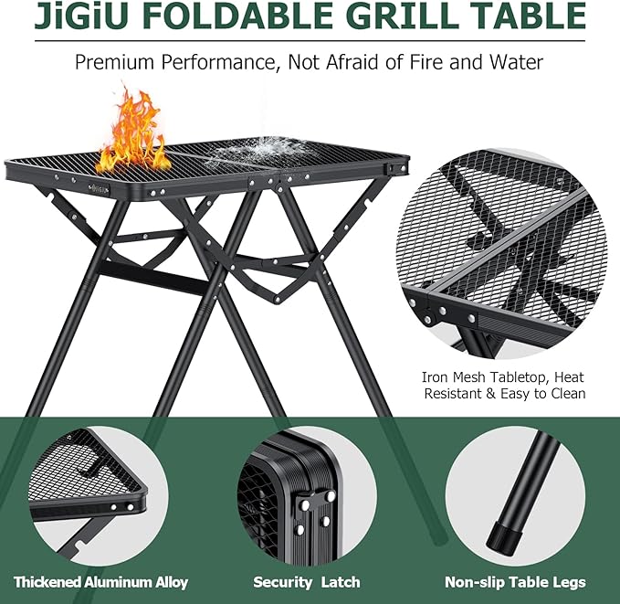 JiGiU Folding Camping Table Height Adjustable Aluminum Alloy Foldable Pinic Table 180lbs Capacity with Handle Stable Triangle Feet for Outdoor Indoor Hiking Camp BBQ Beach (Black Iron Mesh Tabletop)