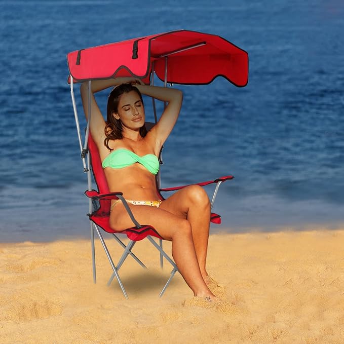 Camp Chair with Shade Canopy Heavy Duty Folding Camping Lawn Chair with Cup Holder UPF 50+ Sun Protection Portable Beach Lounge Chair for Outdoor Sports Support 330 LBS (Red)