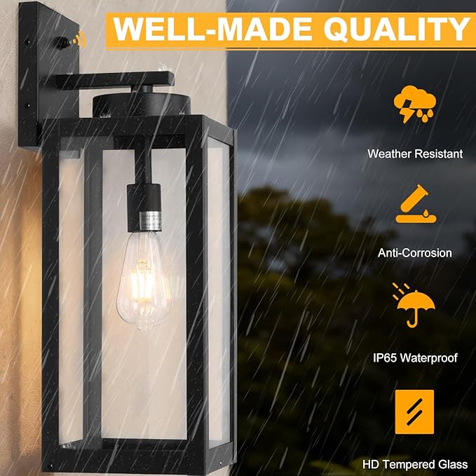20 Large Dusk to Dawn Outdoor Wall Lantern with Closed Bottom - Black Outdoor Porch Lantern Wall Mounted Waterproof Modern Outside Wall Sconce Coach Lamp for House E26 2 Packs