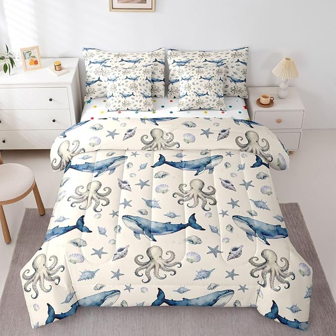 Octopus Whale Comforter Set with SheetsPillowcases &amp Cushion Cover Sealife Sea Animal 7 Piece Bedding Set for Kids Boys Girls Teens Room Decor Ocean Fish Bed in a Bag Twin Size Underwater Microfi