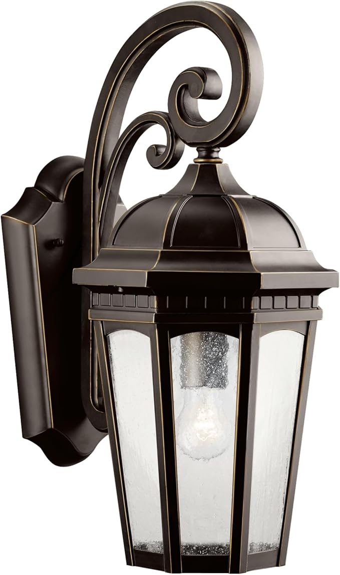 Kichler Courtyard 17.75 1 Light Outdoor Wall Light with Clear Seeded Glass in Rubbed Bronze for Entry or Garage Doors 18 H x 8.25 W x 11.25 Ext.) 9033RZ