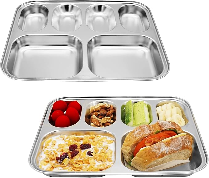 Korean Stainless Steel Divided Plates for Kids Adults Students Premium 304 Electro-Polished No Black Residue BPA-Free 6-Compartment Food Tray Picky Eaters Diet Portion Control Set of 2