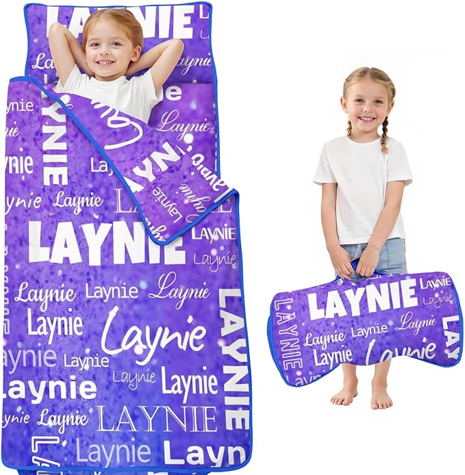 Personalized Name Toddler Nap Mat for Daycare Preschool Kindergarten Customized Kids Sleeping Bag with Pillow and Blanket for Girls Boys Custom Name Monogrammed Nap Mats for Toddlers