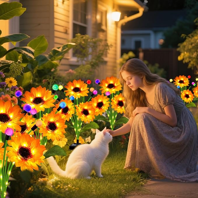 Solar Garden Lights-4 Pack Solar Sunflowers with Multicolor Changing Swaying Firefly LightsGifts for Mom Women Mothers Day BirthdayWaterproof Firefly Sunflower Light for Outdoor Patio Yard Decor
