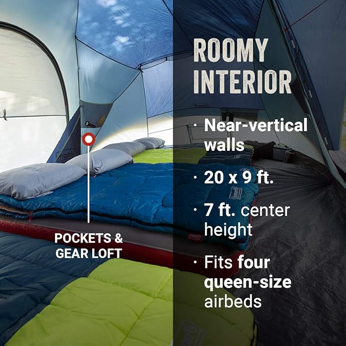 Coleman Skydome XL Large Family Tent with 5 Minute Setup Weatherproof 8/12 Person Tent with Rainfly &amp Carry Bag Fits Multiple Queen Airbeds Made of PFAS-Free Materials