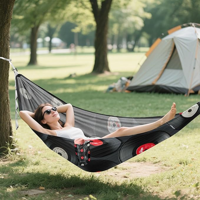 OTVEE Camping Hammock Retro Vinyl Whimsy Portable Hammocks 500lb Upgraded Thickened Durable Single Hammocks with Tree Straps &amp Travel Bag for Camping Outdoor Indoor Patio Backyard