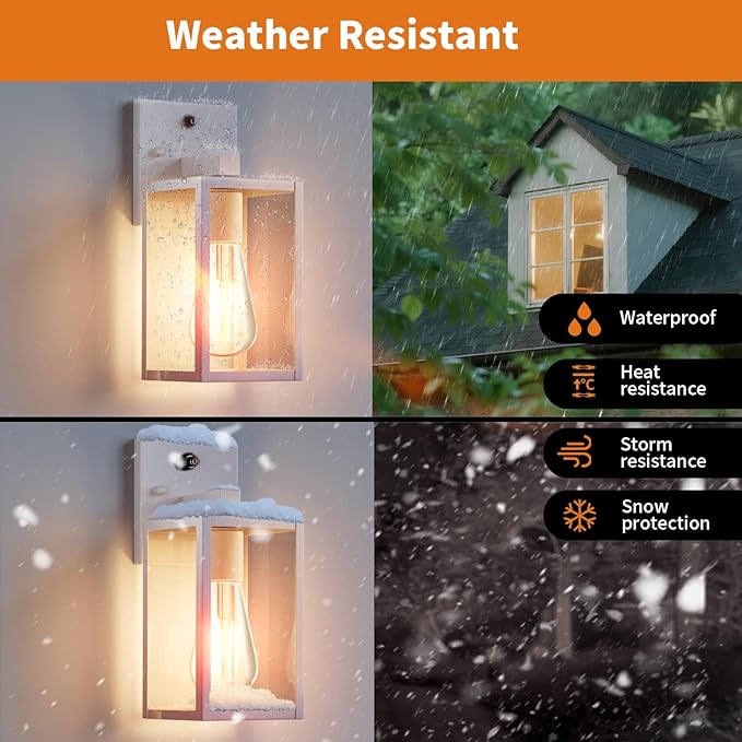 2 Pack White Dusk to Dawn Front Porch Lighting Fixtures Wall Mount Sensor Outside Exterior Lights for House Outdoor Lantern Lamp Waterproof Wall Sconce Lights Coach Light for Garage Entryway
